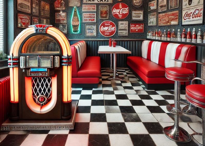 Sàn gạch ô cờ, ghế da đỏ sọc trắng và chiếc máy hát Jukebox phát sáng tạo nên một bầu không khí hoài cổ đặc trưng, đưa thực khách trở về thời xưa cũ