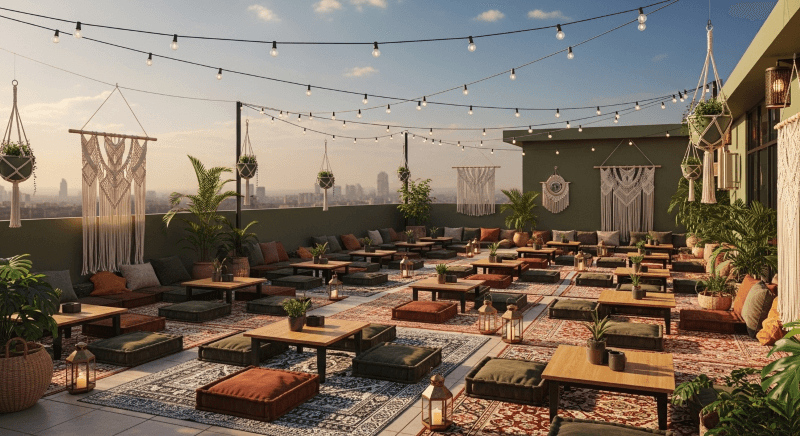 Quán cafe ngồi bệt phong cách Boho trên sân thượng với không gian mở, nơi khách có thể thư giãn và tận hưởng hoàng hôn lãng mạn