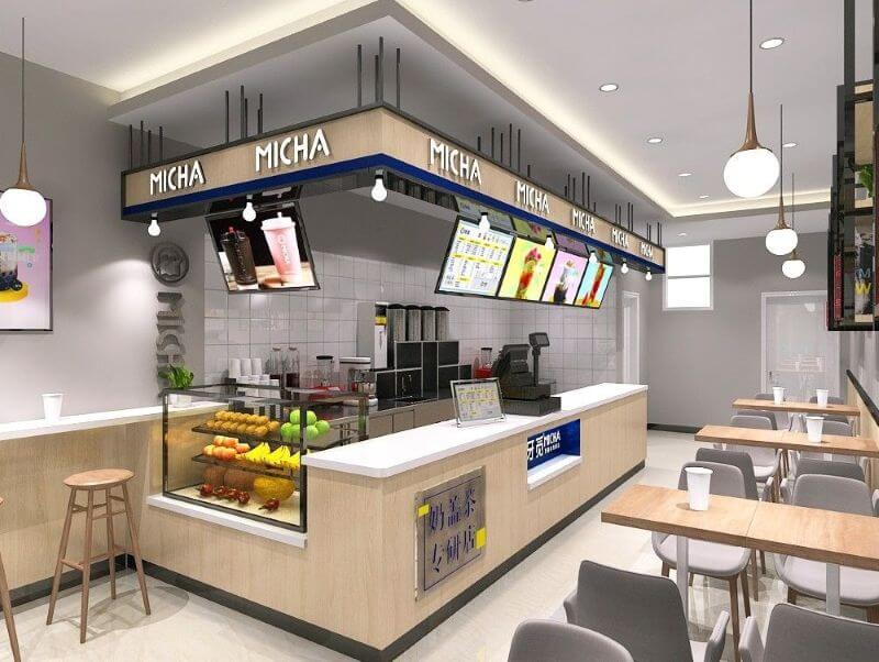 Thiết kế quầy bar kết hợp hài hòa giữa chất liệu gỗ và đá, mang đến cảm giác cân bằng giữa mộc mạc và hiện đại