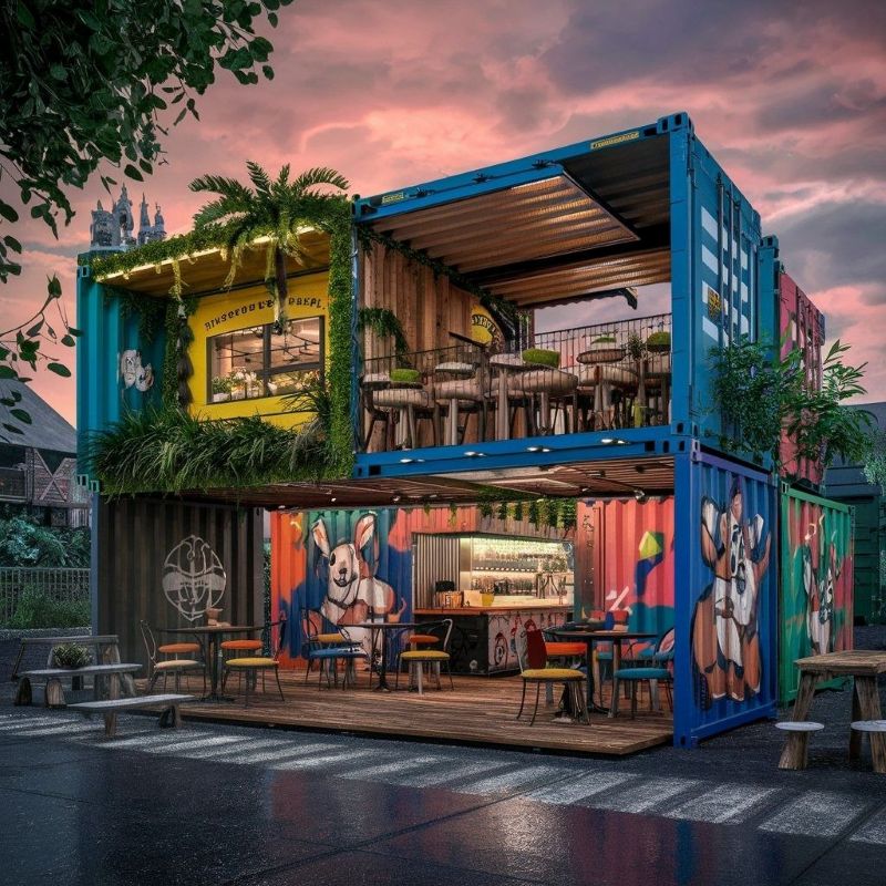 Quán cafe khung thép 2 tầng phong cách container công nghiệp pha street-art, có điểm xuyết một cây xanh nhiệt đới của tạo ấn tượng 