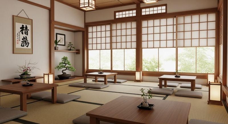 Quán ngồi bệt phong cách Nhật Bản tối giản, tập trung vào sự gọn gàng và thanh lịch, tránh rườm rà