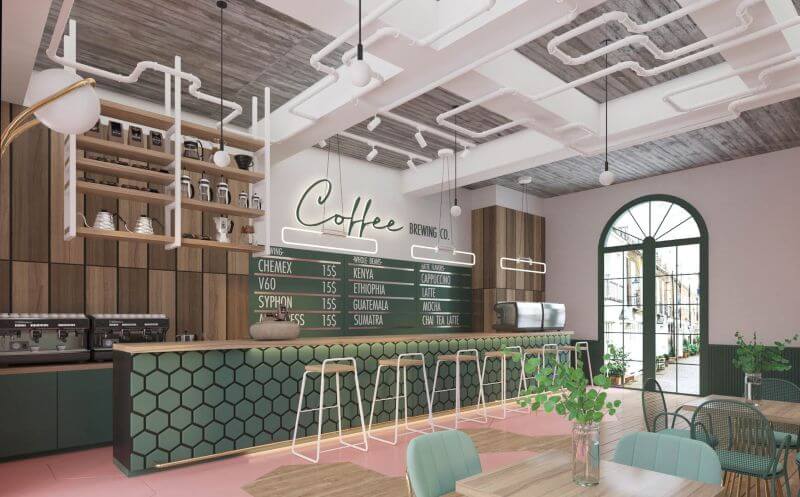 Mẫu quán cafe nhà ống phong cách Tropical kết hợp cùng hiện đại với điểm nhấn quầy bar ốp gạch và sàn nhà màu hồng pastel