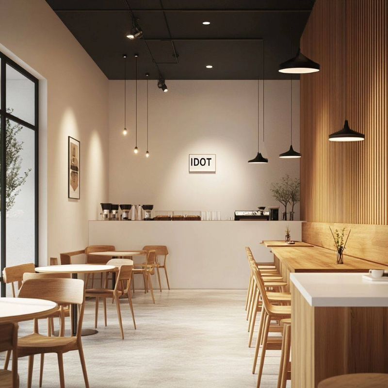 Thiết kế quầy pha chế tối giản với tone sáng kết hợp ánh đèn thả ấm áp, bố trí liền mạch cùng không gian ngồi, tạo nên một góc cafe hiện đại và tinh tế