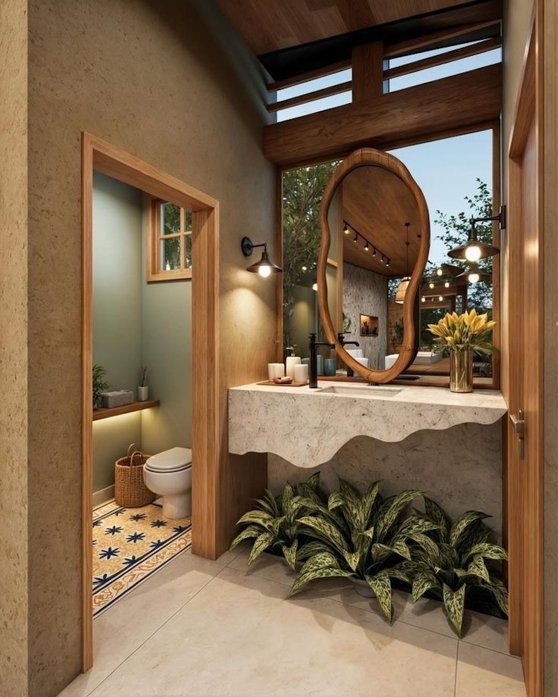 Thiết kế nhà vệ sinh cao cấp với sự kết hợp của vật liệu tự nhiên như đá tảng thô, đá cẩm thạch cùng cây xanh, tạo nên một không gian tinh tế, gần gũi với thiên nhiên mà vẫn toát lên vẻ sang trọng, độc đáo