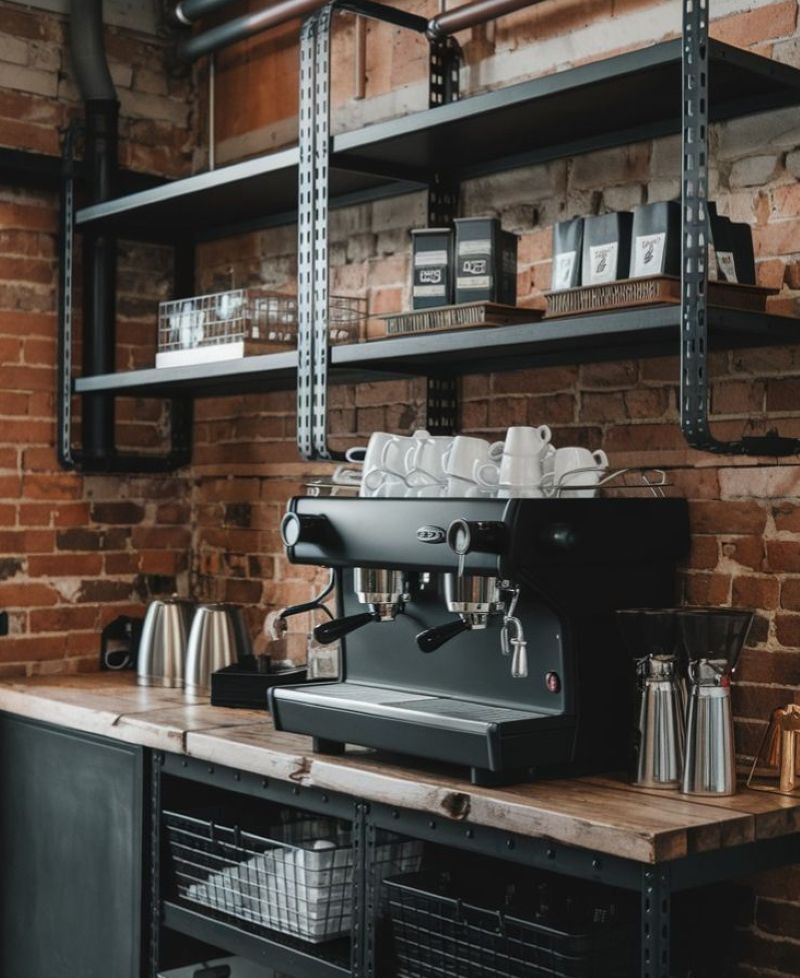 Kệ kim loại giúp tận dụng tối đa những bức tường trống trong quán cafe, biến chúng thành không gian trưng bày ấn tượng thay vì để trống nhàm chán