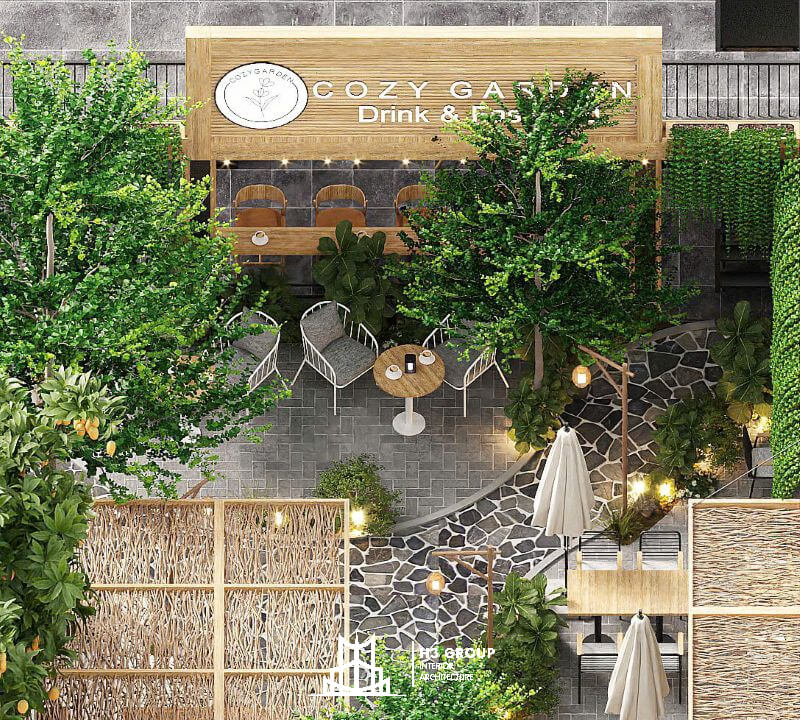 Cafe sân vườn quy mô nhỏ mang đến không gian mở, gần gũi thiên nhiên với cây xanh, ánh sáng tự nhiên và không khí thư giãn. 