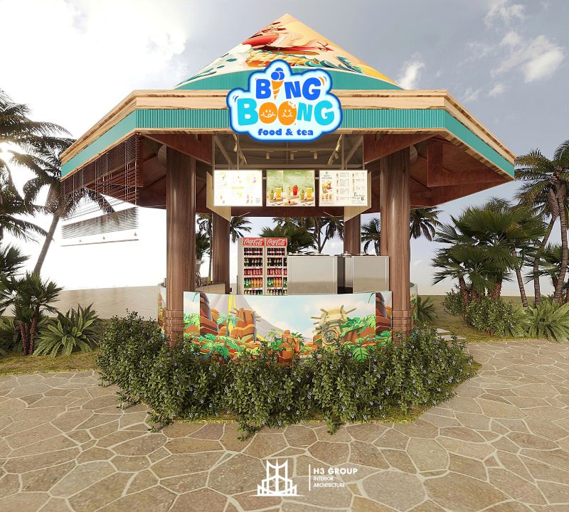 Quán trà sữa take-away Bing Boong với thiết kế mang đậm phong cách tropical rực rỡ phù hợp với không gian bãi biển xung quanh