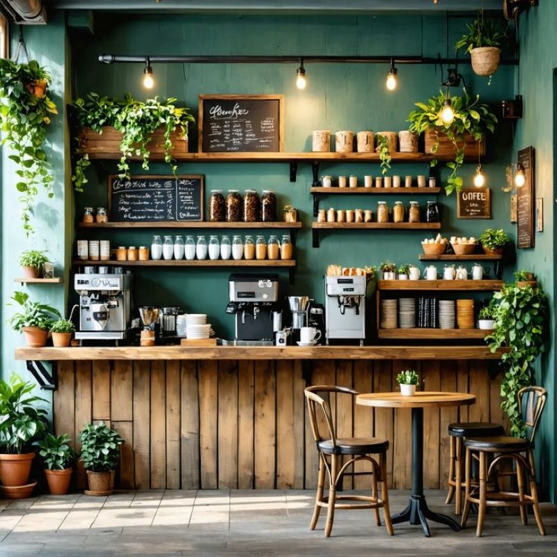 Trang trí bằng kệ gỗ mang lại cảm giác ấm áp, tự nhiên và gần gũi cho quán cafe 