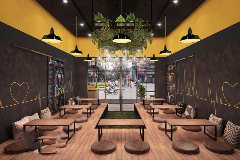 Thiết kế quán cafe ngồi bệt cần bố trí và phân chia không gian hợp lý để tối ưu diện tích, tạo lối đi thuận tiện và mang lại trải nghiệm thoải mái, riêng tư cho khách