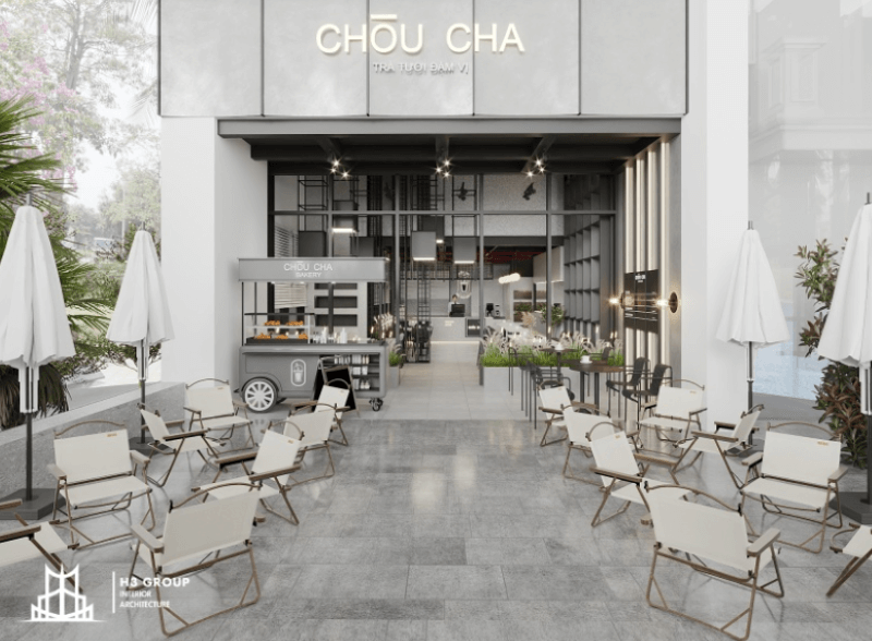 Thiết kế quán cà phê nhà ống 2 tầng với phong cách hiện đại, sử dụng màu sắc tươi sáng kết hợp cùng nội thất đơn giản