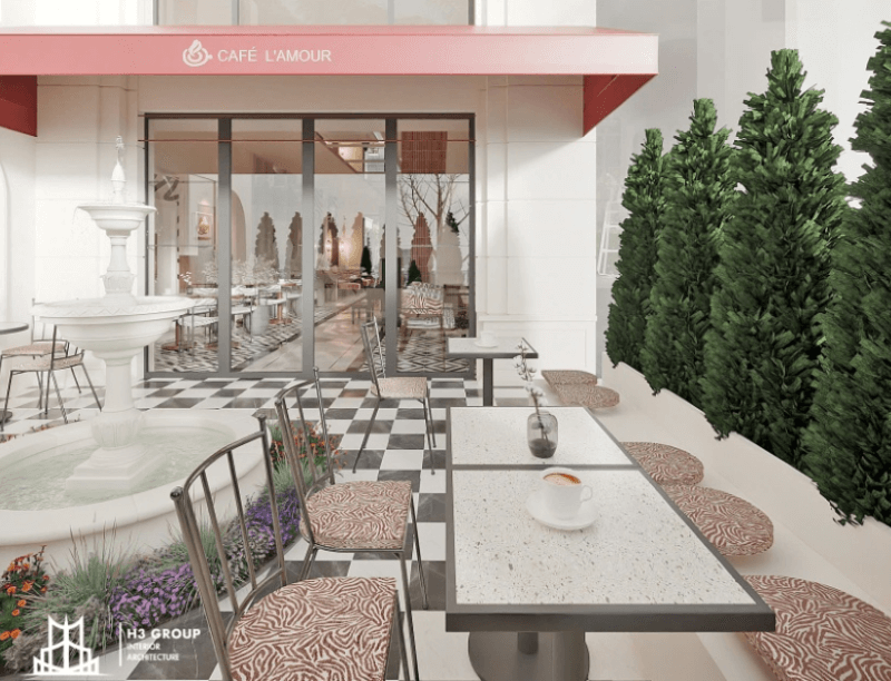 Quán cà phê sở hữu khu vực sân thượng được thiết kế như góc phố Paris lãng mạn.