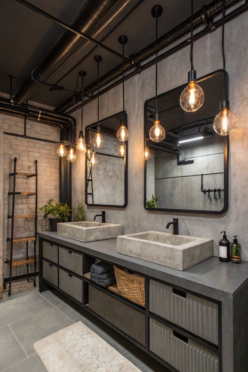 Nhà vệ sinh phong cách Industrial với tường bê tông, gạch thô, hệ thống ống nước lộ thiên và bồn rửa đá, tạo không gian thô mộc, mạnh mẽ