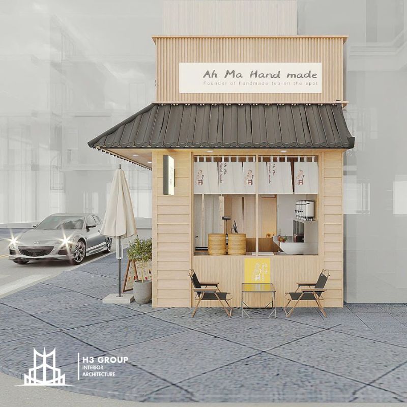 Quán trà sữa take-away được thiết kế theo phong cách Nhật Bản, sử dụng tone màu chủ đạo trắng kem giúp thu hút ánh nhìn của người đi đường từ lần đầu