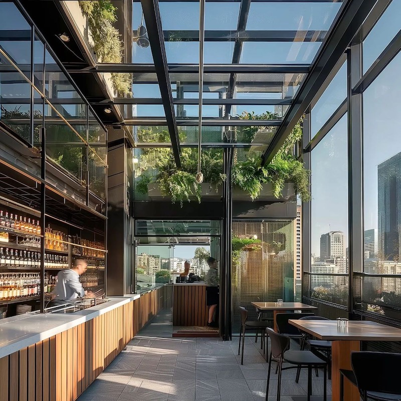 Quán cafe sân thượng với khung sắt đen mạnh mẽ, tạo khung cảnh mở đón trọn ánh sáng và gió trời