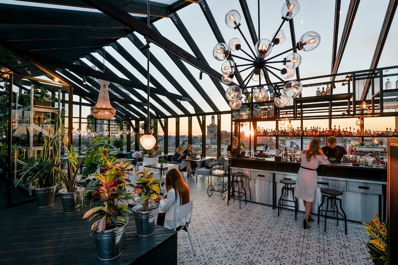 Sân thượng cafe nổi bật với giàn khung sắt và mái kính, kết hợp hoàn hảo giữa bền bỉ và thẩm mỹ