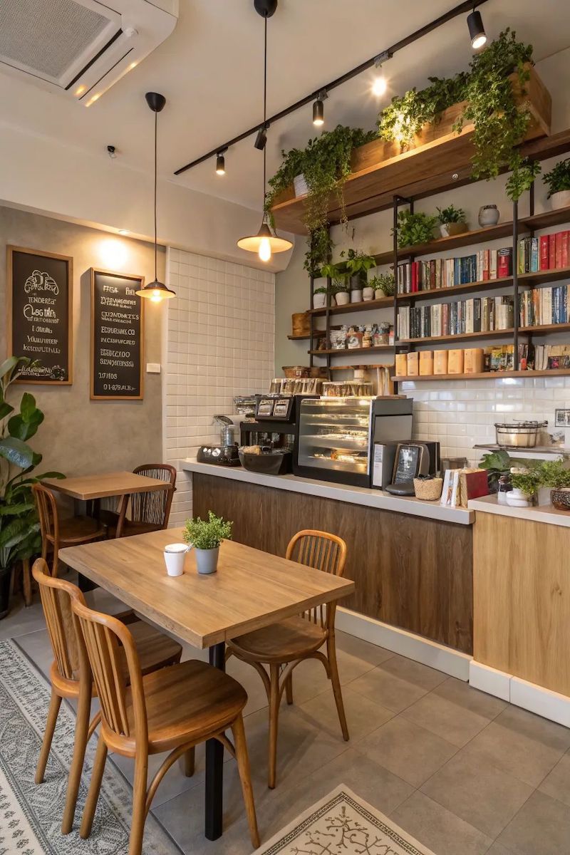 Mặt quầy thường được làm từ gỗ hoặc đá sáng màu, tạo sự gần gũi mà vẫn sang trọng