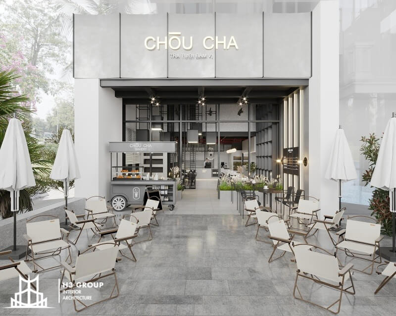 Quán CHOU CHA nổi bật với quầy xe đẩy độc đáo, thiết kế gọn gàng nhưng trang bị đầy đủ dụng cụ, đồng thời sử dụng gam màu xám hiện đại trùng với tone màu chủ đạo của thương hiệu