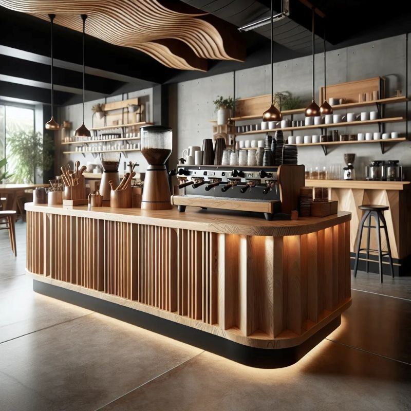 Tông màu nâu vàng của gỗ công nghiệp giúp quầy bar dễ dàng kết hợp với nhiều phong cách nội thất khác nhau  