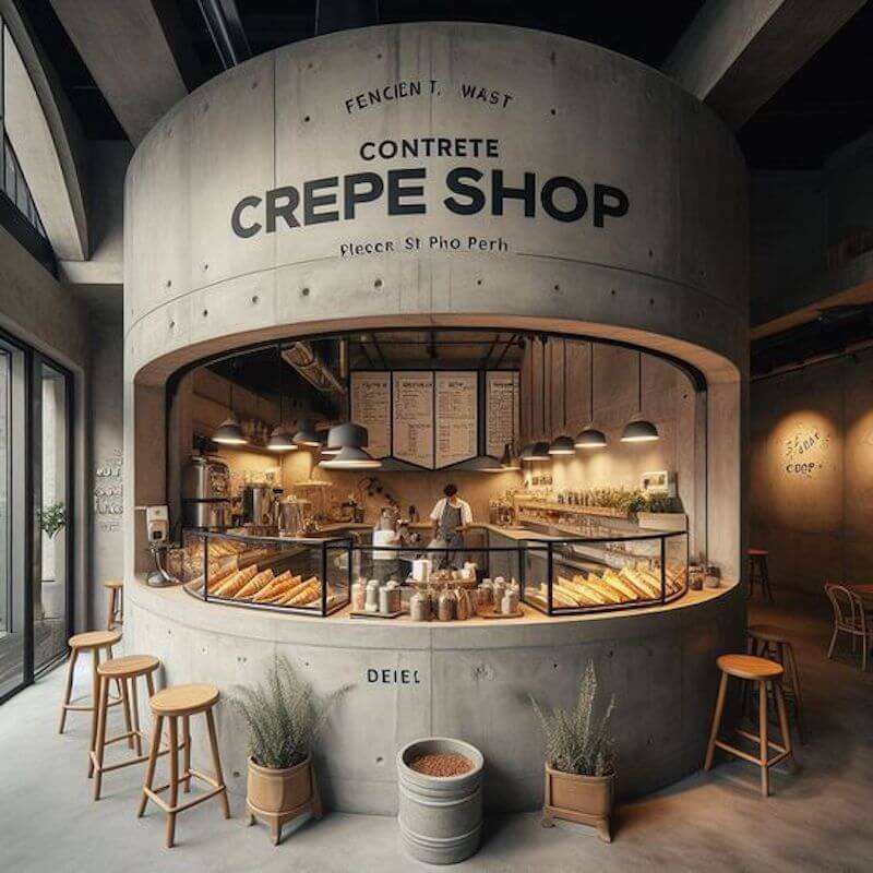 Quầy bar thiết kế tròn độc đáo, bao phủ bởi bê tông thô mang đậm chất Industrial, tối giản nhưng cá tính
