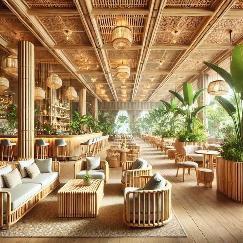 Ánh sáng vàng ấm từ vô số đèn lồng mây tre đan là linh hồn của quán cafe theo phong cách Tropical, tạo nên một cảm giác ấm áp và gần gũi, giúp mọi giác quan được thả lỏng hoàn toàn trong "ốc đảo" nhiệt đới sang trọng