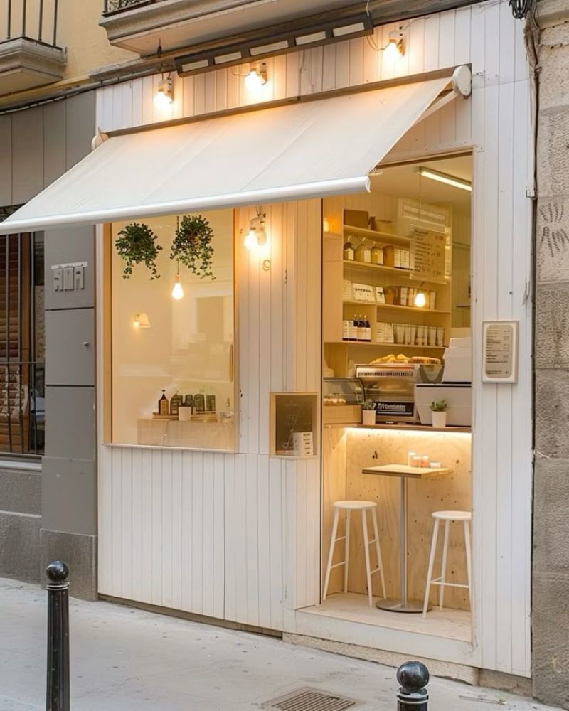 Quầy pha chế quán cafe nhỏ gọn phong cách Scandinavian tối giản, tone trắng chủ đạo, tạo không gian sáng sủa và ấm cúng cho mô hình take-away
