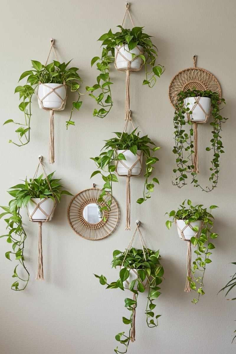 Sự kết hợp giữa cây xanh và macrame mang đến phong cách trang trí vừa mộc mạc, vừa tinh tế, phù hợp nhiều concept quán cafe 