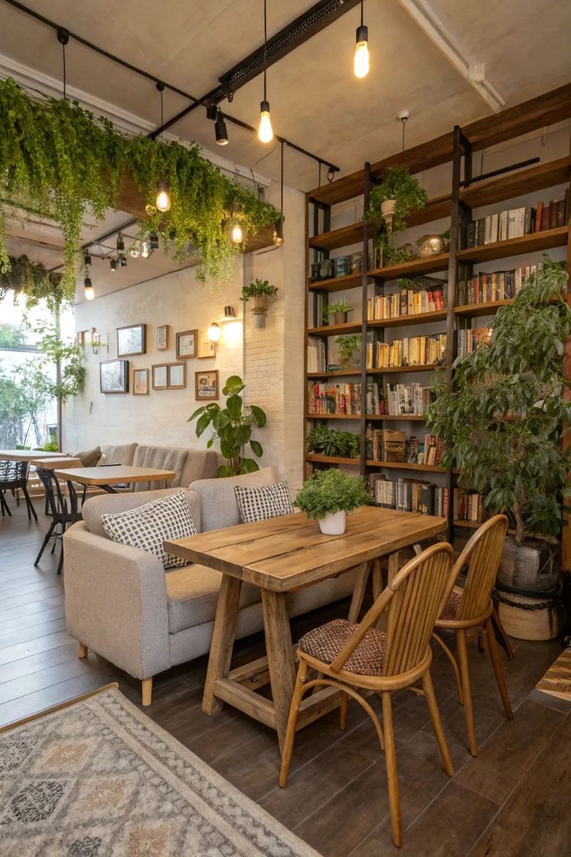 Cây nhỏ để bàn là cách decor linh hoạt, có thể thay đổi theo mùa hoặc kết hợp với các phụ kiện khác để làm mới không gian quán 