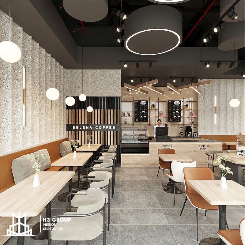 Thiết kế quán cafe theo phong cách Minimalism, tập trung vào sự tối giản và tinh tế, tạo cảm giác rộng rãi và thoải mái