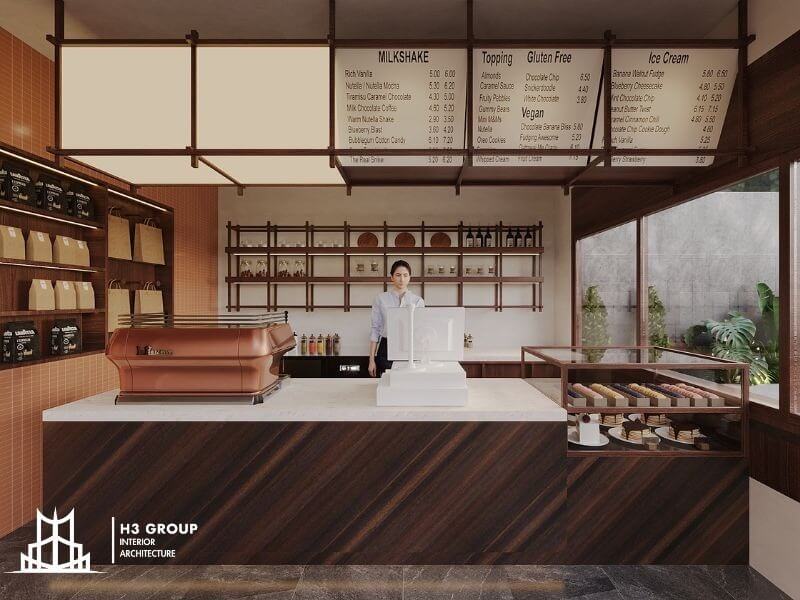 Với thiết kế hai mặt giao nhau, quầy bar chữ L dễ dàng phân chia khu vực chức năng như pha chế và phục vụ