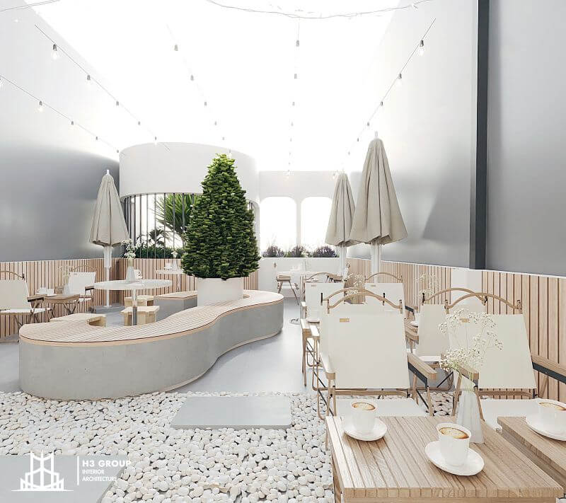 Phong cách thiết kế quán cafe Hàn Quốc sử dụng màu trắng và be làm chủ đạo, tạo cảm giác thư thái, lãng mạng cho khách hàng ghé thăm