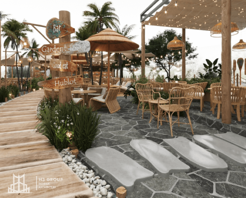 Khu vực mái che ngoài trời trong dự án LoLa Tea do H3 Group thực hiện sử dụng kết cấu khung thép chắc chắn, là giải pháp tối ưu vừa tiết kiệm chi phí, vừa phù hợp với định hướng thiết kế không gian mở của quán