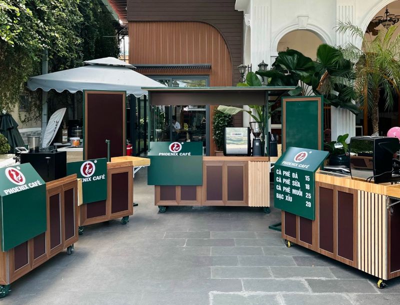 Mô hình cafe nhượng quyền Phoenix café kiểu xe đẩy giúp chủ đầu tư tiết kiệm chi phí về mặt bằng kinh doanh và nhân công
