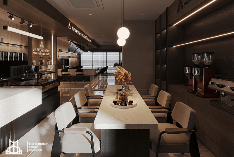 Showroom trưng bày máy cà phê cho công ty Autoshop sử dụng màu chủ đạo là đen và nâu gỗ trầm mang đến cảm giác chuyên nghiệp, sang trọng