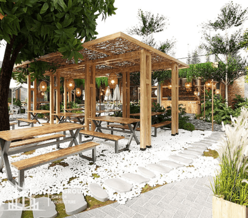 Dự án Lavender Cafe do H3 Group thiết kế là sự kết hợp hài hòa giữa những chi tiết sân vườn theo hơi hướng hiện đại và các mảng xanh tươi tốt