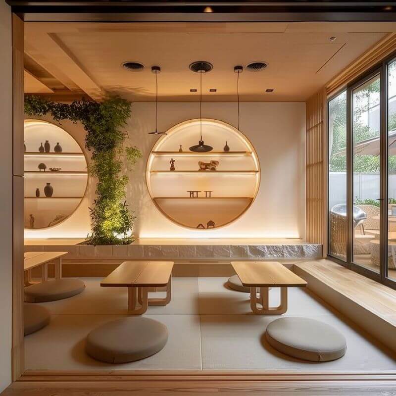 Quán cafe ngồi bệt với tông màu pastel nhẹ nhàng kết hợp ánh sáng vàng dịu, tạo không gian ấm áp, thư giãn và gần gũi cho khách hàng