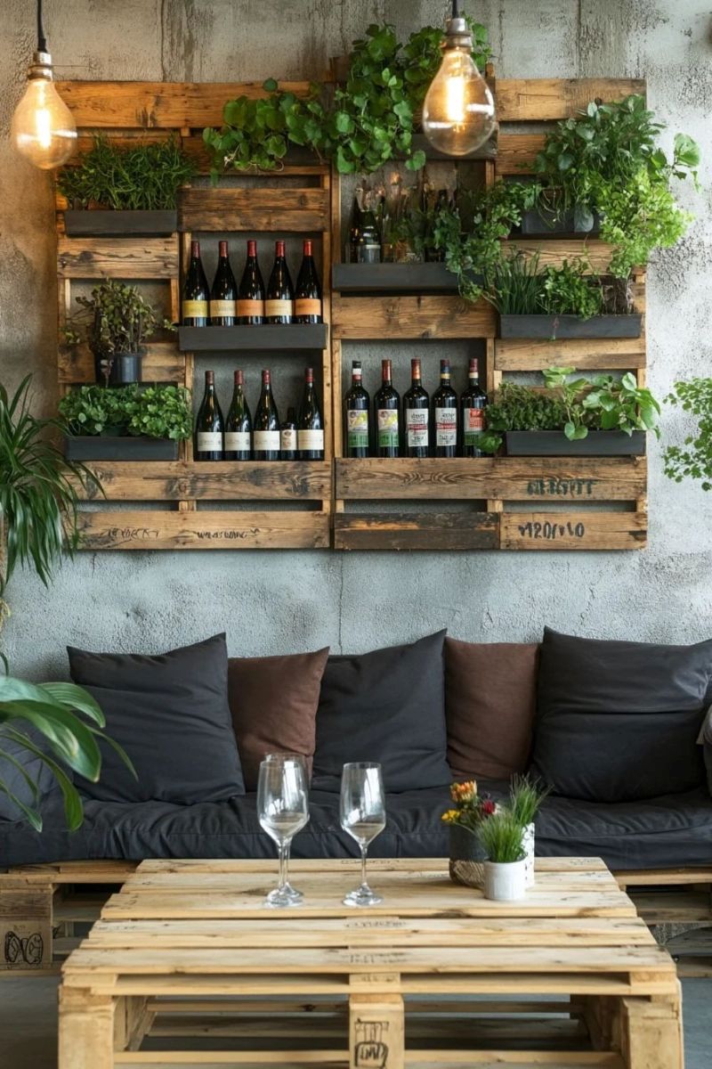 Gỗ pallet có thể tái chế thành bàn ghế, kệ mộc mạc, mang đến không gian gần gũi và tiết kiệm chi phí cho quán cafe 