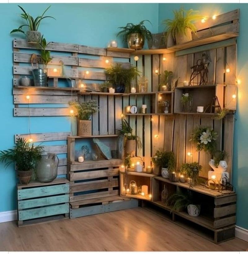 Những kệ trang trí từ gỗ pallet vừa chắc chắn vừa tạo cảm giác ấm áp, giúp trưng bày cây xanh, sách hay vật dụng decor một cách gọn gàng 