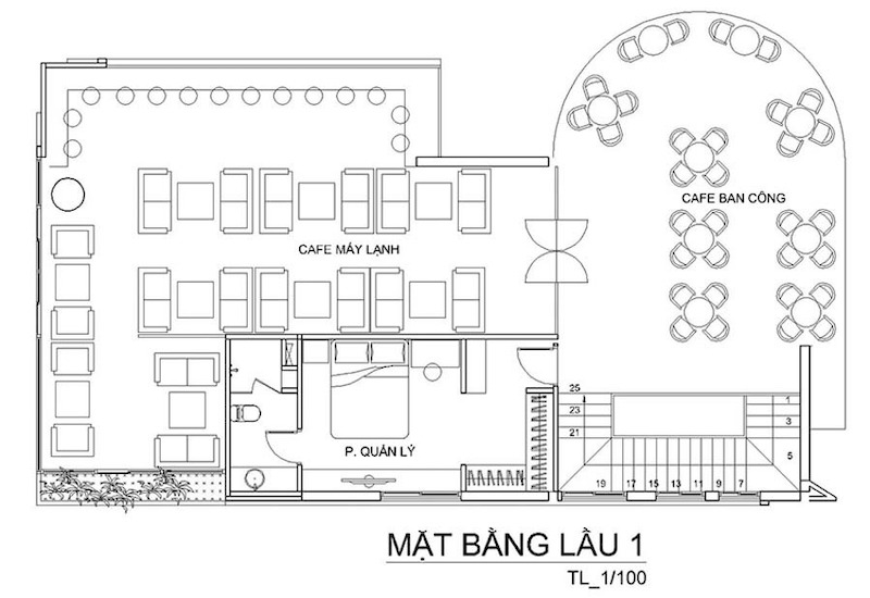 Bản vẽ mặt bằng thể hiện cách bố trí tổng thể quầy bar, bàn ghế, lối đi và khu chức năng trong quán cafe