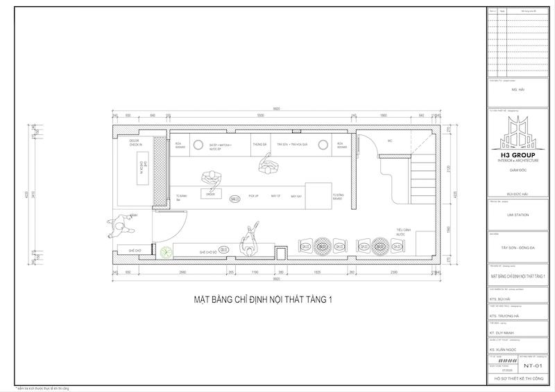 Bản vẽ mặt bằng chỉ định nội thất giúp thể hiện rõ vị trí, kích thước và chủng loại bàn ghế, quầy bar, đèn trang trí... giúp thi công chính xác, tránh sai sót trong quá trình lắp đặt