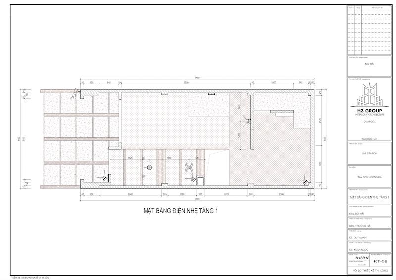 Bản vẽ mặt bằng điện nhẹ bố trí hệ thống đèn chiếu sáng, ổ cắm và đường dây điện, đảm bảo không gian quán được sử dụng thuận tiện và an toàn