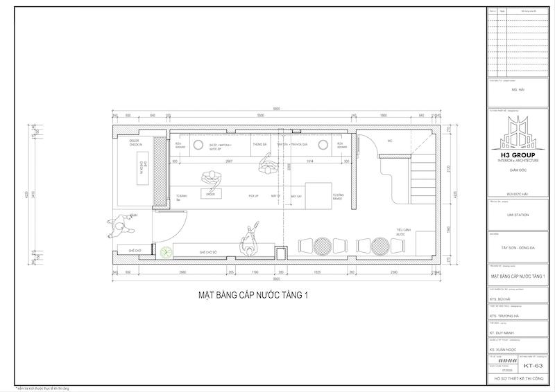 Bản vẽ mặt bằng cấp nước thể hiện vị trí đường ống, điểm cấp thoát nước cho quầy bar, khu vệ sinh… giúp quá trình thi công và lắp đặt thiết bị diễn ra chính xác, thuận tiện.