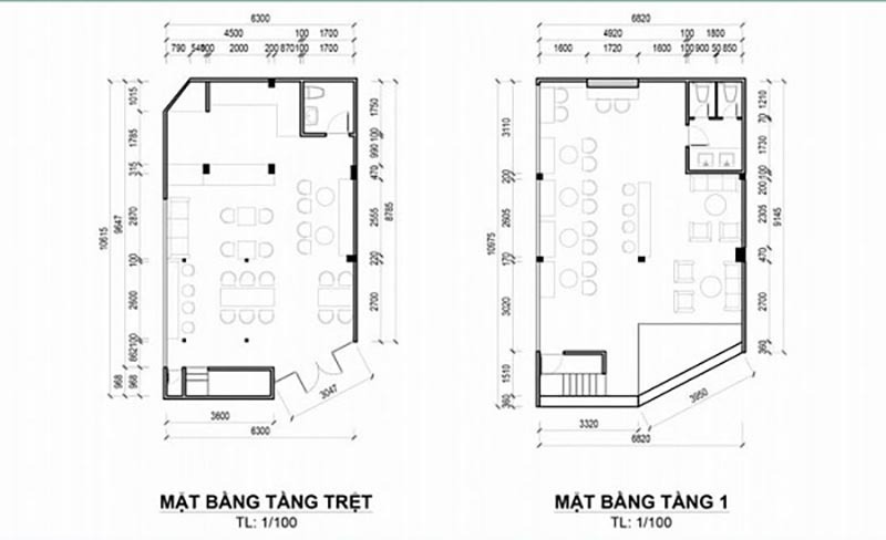Bản vẽ mặt bằng quán cafe 2 tầng giúp thể hiện sự phân chia không gian linh hoạt giữa tầng trệt và tầng lầu, tối ưu cho cả phục vụ và trải nghiệm khách hàng