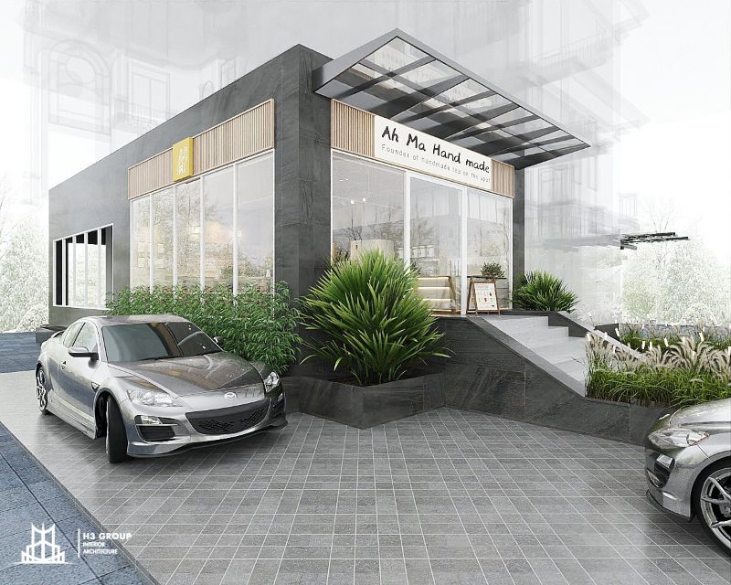 Mặt tiền quán cà phê phong cách hiện đại thường sử dụng hình khối tối giản và các vật liệu bền vững như kính, kim loại để tạo vẻ sang trọng và tinh tế