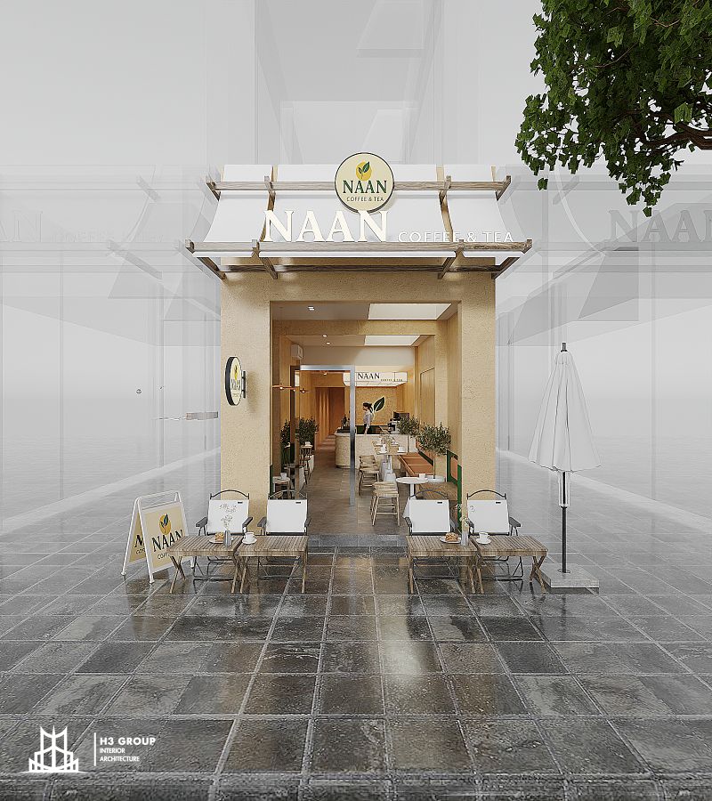 Mặt tiền quán cafe phong cách Tối giản (Minimalism) ưu tiên sự tinh gọn, hạn chế chi tiết rườm rà, nhấn mạnh hình khối và bảng màu trung tính