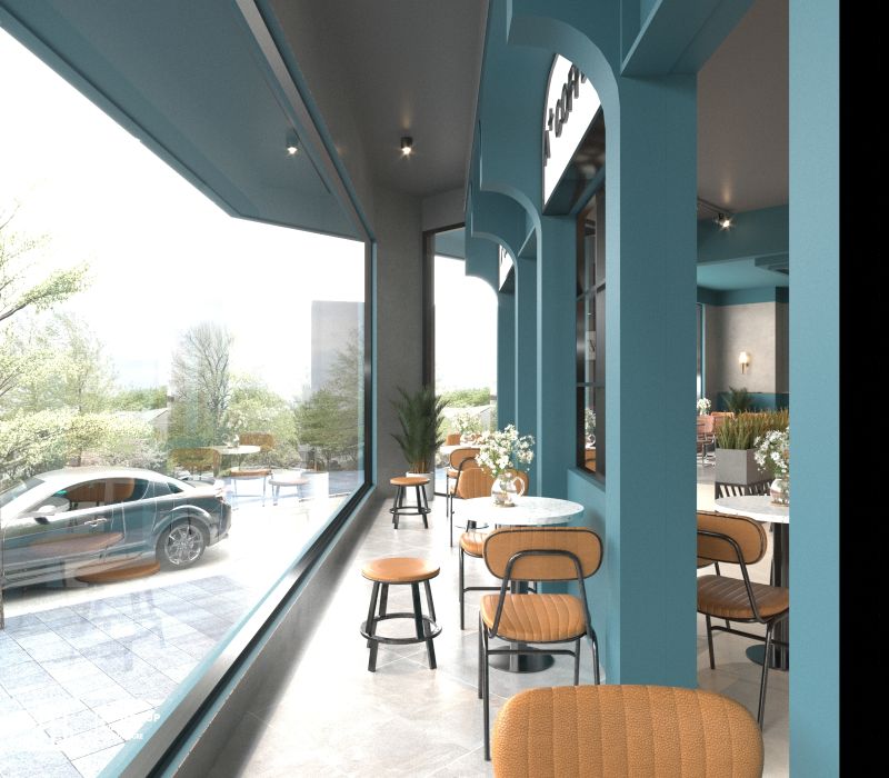 Mặt tiền quán A+ Coffee mang phong cách hiện đại kết hợp với Tân cổ điển, nổi bật với đường cong và hình khối rõ ràng, đem lại sự gọn gàng nhưng vẫn sang trọng
