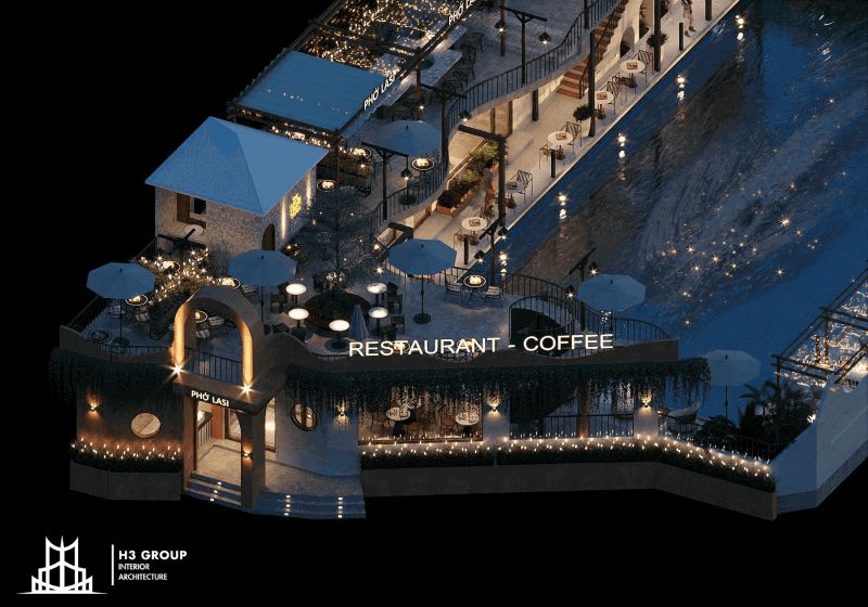 Dự án Phở Lasi Restaurant - Coffee có lợi thế mặt tiền góc phố, được H3 Group thiết kế mang lại cảm giác tươi mát và thoáng đãng giữa không gian đô thị chật hẹp