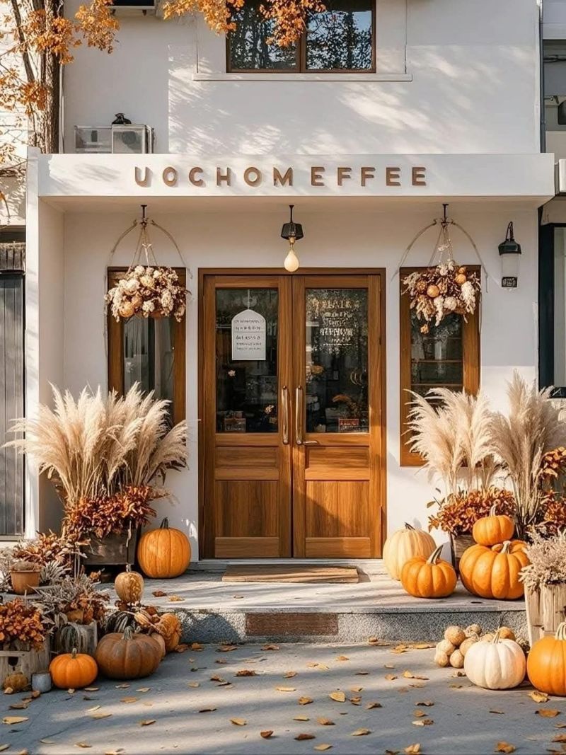 Mặt tiền quán cafe rực rỡ với những quả bí ngô và cỏ bông lau, mang đậm sắc thái mùa thu ấm áp và gần gũi