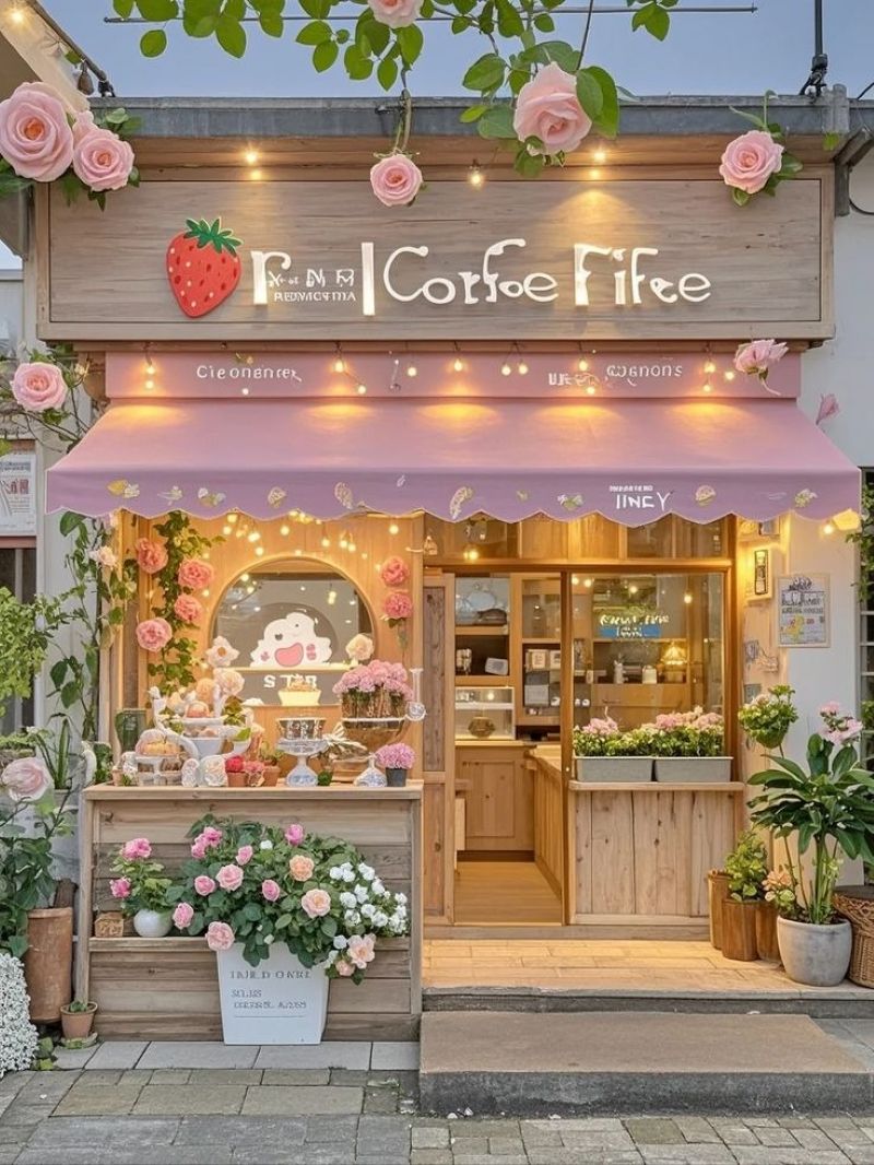 Mặt tiền quán cafe với tông hồng pastel ngọt ngào tạo cảm giác nhẹ nhàng, lãng mạn và dễ thương