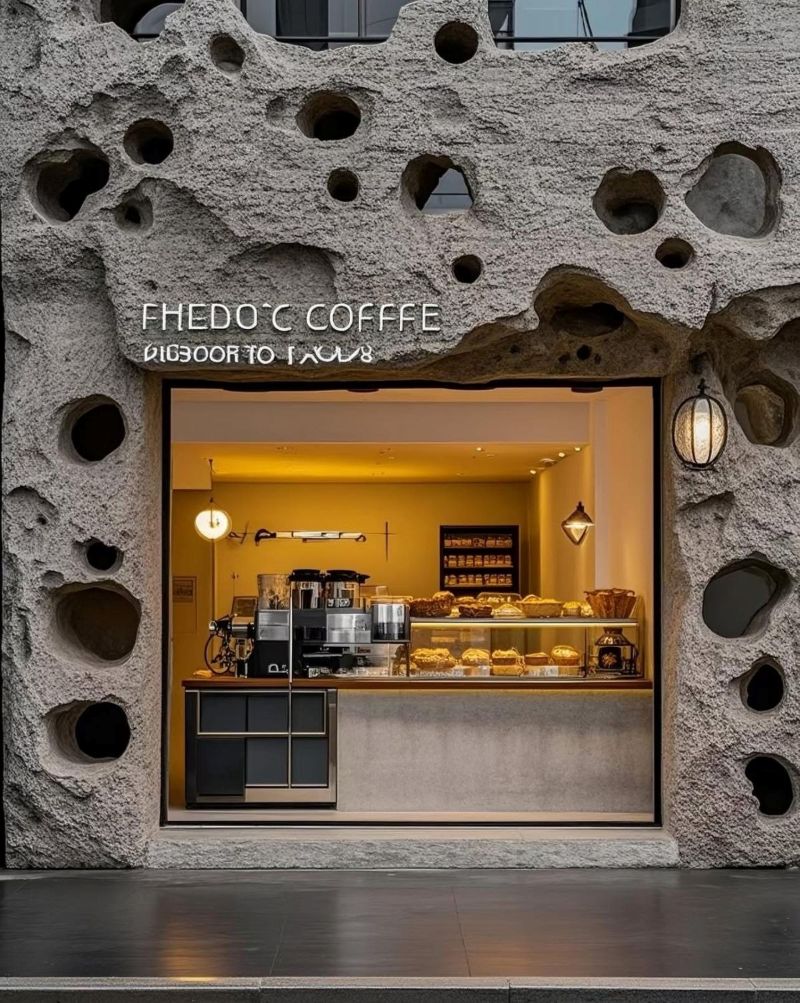 Mặt tiền quán cafe với hình khối lạ mắt tạo ấn tượng mạnh ngay từ cái nhìn đầu tiên, vừa hiện đại vừa nghệ thuật