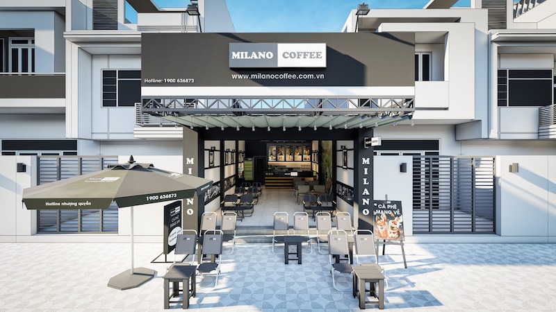 Milano Coffee đồng bộ quán với tone màu trắng đen, và bàn ghế đơn giản phù hợp với tệp khách hàng đa dạng cũng như giá thành vừa phải